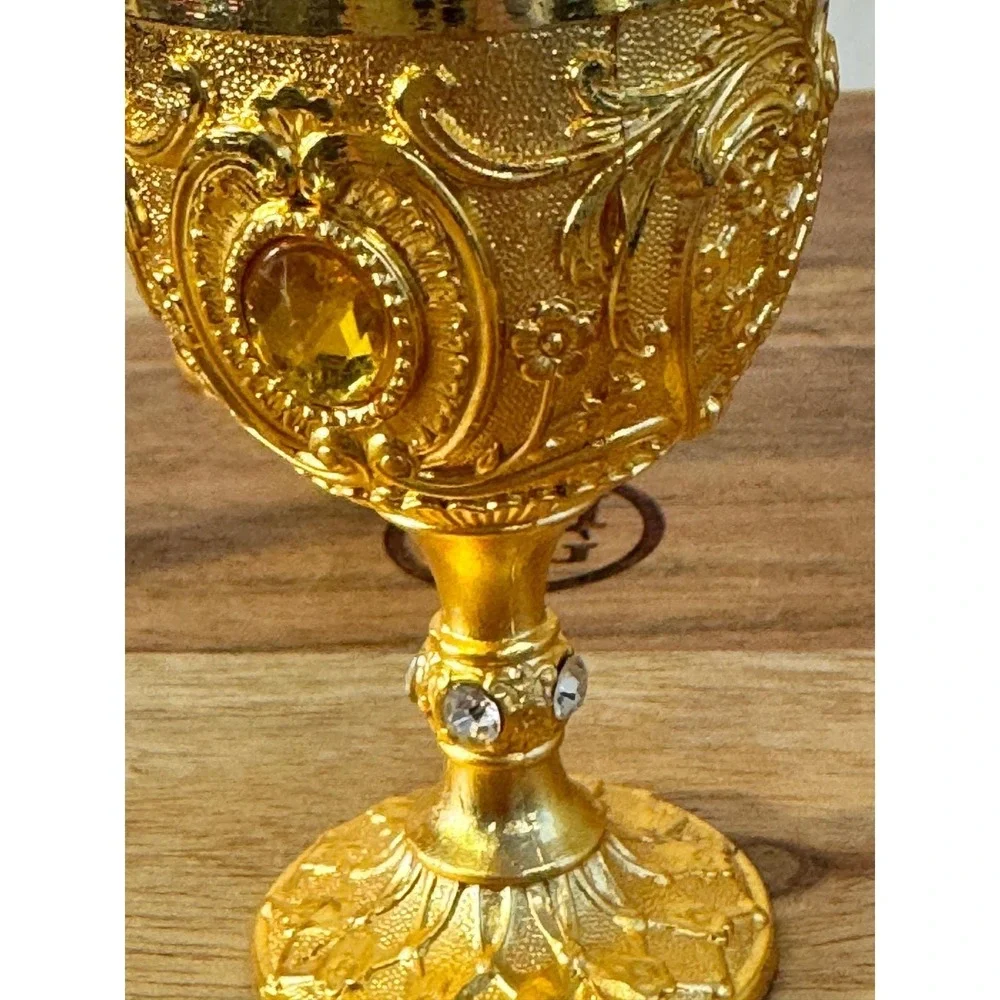 Vintage Ornate Mini Chalice Set 4 Small Gold Red Baroque Filigree Rhinestone 3in